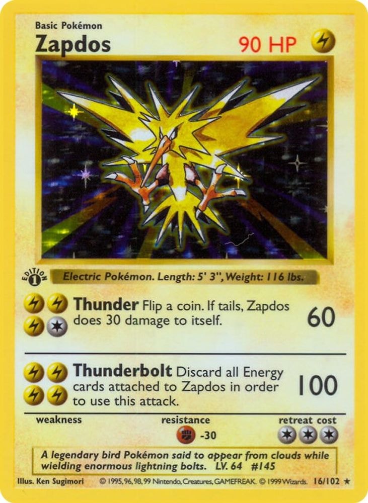 1999 Pokemon: Base Set (Shadowless) (BSS) - Zapdos (#016/102, Holo Rare) (1st Edition Holofoil, Near Mint)