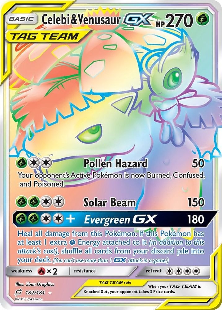 2019 Pokemon: SM - Team Up (SM9) - Celebi & Venusaur GX (Secret) (#182/181, Secret Rare) (Holofoil, Near Mint)