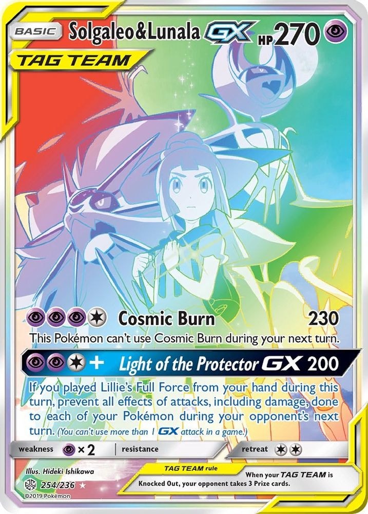 2019 Pokemon: SM - Cosmic Eclipse (SM12) - Solgaleo & Lunala GX (Secret) (#254/236, Rainbow Rare) (Holofoil, Near Mint)
