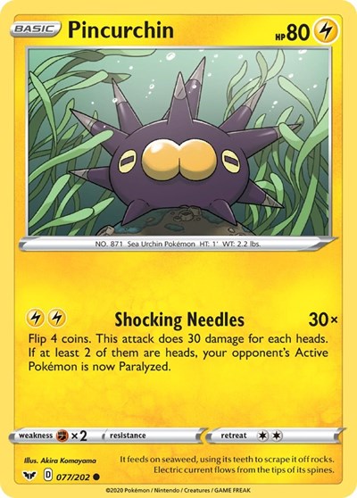 2020 Pokemon: SWSH01: Sword & Shield Base Set (SWSH01) - Pincurchin (#077/202, Common) (, Near Mint)