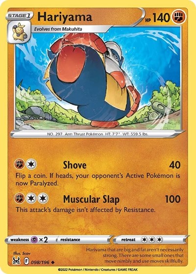 2022 Pokemon: SWSH11: Lost Origin (SWSH11) - Hariyama (#098/196, Uncommon) (, Near Mint)