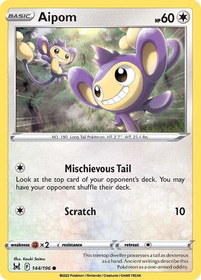 2022 Pokemon: SWSH11: Lost Origin (SWSH11) - Aipom (#144/196, Common) (, Near Mint)