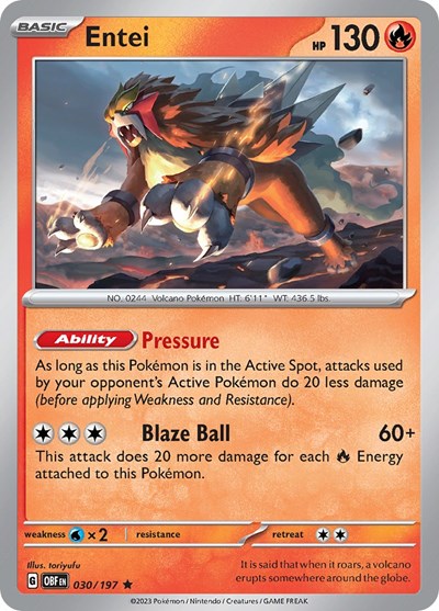 2023 Pokemon: SV03: Obsidian Flames (OBF) - Entei (#030/197, Rare) (Holofoil, Near Mint)