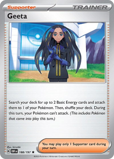 2023 Pokemon: SV03: Obsidian Flames (OBF) - Geeta (#188/197, Rare) (Reverse Holofoil, Near Mint)