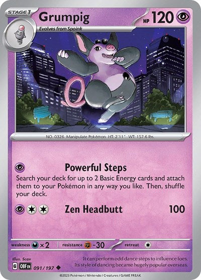 2023 Pokemon: SV03: Obsidian Flames (OBF) - Grumpig (#091/197, Uncommon) (, Near Mint)