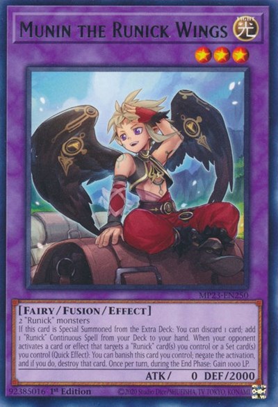 2023 YuGiOh: 25th Anniversary Tin: Dueling Heroes Mega Pack (MP23) - Munin the Runick Wings (#MP23-EN250, Rare) (1st Edition, Near Mint)