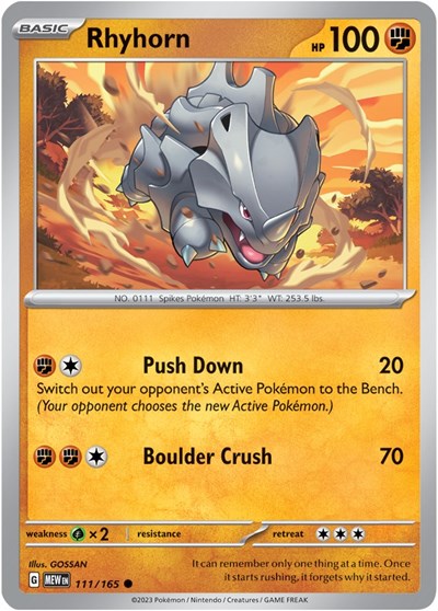 2023 Pokemon: SV: Scarlet & Violet 151 (MEW) - Rhyhorn (#111/165, Common) (, Near Mint)