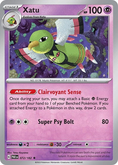 2023 Pokemon: SV04: Paradox Rift (PAR) - Xatu (#072/182, Rare) (Reverse Holofoil, Near Mint)