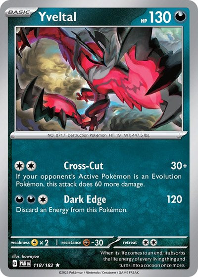 2023 Pokemon: SV04: Paradox Rift (PAR) - Yveltal 118 182 (#118/182, Rare) (Reverse Holofoil, Near Mint)