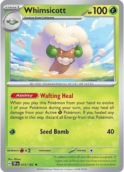 2024 Pokemon: SV05: Temporal Forces (TEF) - Whimsicott (#015/162, Rare) (Holofoil, Near Mint)