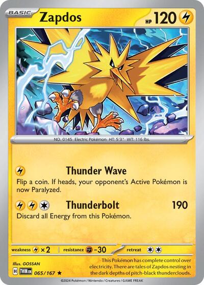 2024 Pokemon: SV06: Twilight Masquerade (TWM) - Zapdos (#065/167, Rare) (Holofoil, Near Mint)