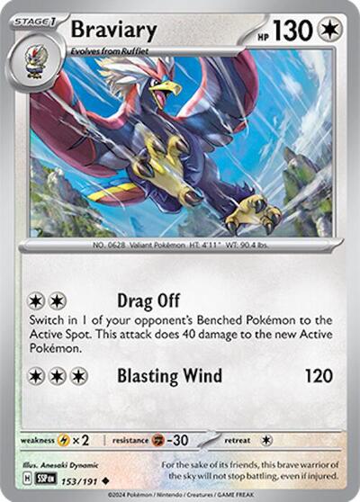 2024 Pokemon: SV08: Surging Sparks (SSP) - Braviary 153 191 (#153/191, Uncommon) (, Near Mint)