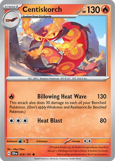 2024 Pokemon: SV08: Surging Sparks (SSP) - Centiskorch (#028/191, Common) (, Near Mint)